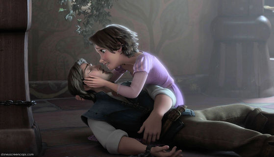  In enrolados Rapunzel loses her long blonde hair as Eugene chopped it all off. He sort of dies and her tears of sadness brings him back to life.