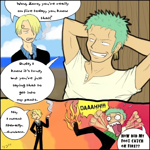  OH NO!!!!Zoro's leg is on FIRE!!Good work Sanji,he's awesome...