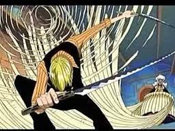  Is SANJI holding two Katanas while trying to cut that guy into half?It looks like he's make noodles Y'know..