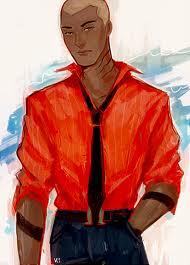 Kalder walked up to me, one hand behind his back. He was wearing a simple red shirt and a black tie.