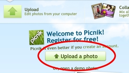  Go to the Picnik site to アップロード the picture.
