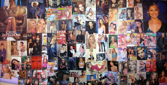Completely random picture of my Buffy the Vampire Slayer wall from years ago.  There are a bunch of pictures cut off at the top and bottom cause I can't take panoramic pictures very well.  I almost cried the day I had to take all the pictures down.