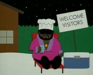  Chef from South Park looking आगे to meeting the visitors.