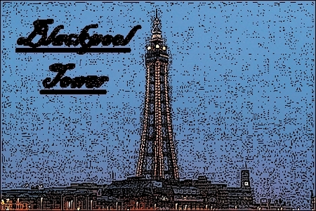 I found it. "God. I'm In Blackpool. I'm in England".

(they built an orange smaller Eiffel Tower in B