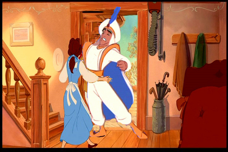 Here's one of Aladdin in Belle's house. 

You can still look for the other one with the stuffed anima
