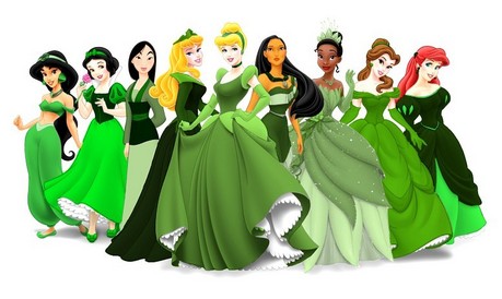 Here you go! I think Tiana cheated because her dress is already green in the movie. Now, find a cross