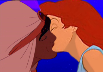 Here you go! Took a while to find! 
Now find a Disney Princess kissing another Disney gal (doesn't h