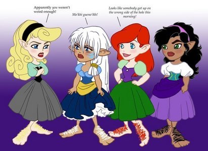 Do you mean something like this? If so, find cosplay Ariel, Jasmine, and Belle glaring at Flynn and R