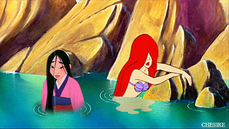  This is the best i could find... hope its ok now look for ariel on a rock scared while rapunzel swims