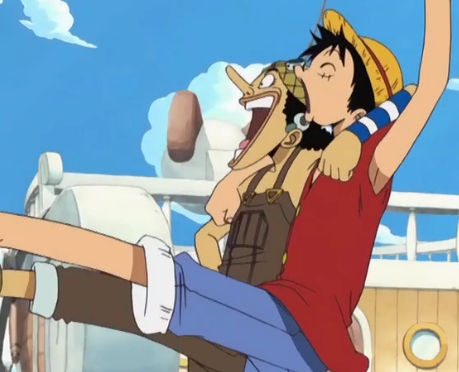 I love this picture when Usopp and Luffy were dancing and Luffy almost fell overboard!XD One Piece is