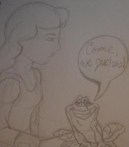 This is the sketch I started of Cinderella and Naveen for the crossover challenge. What do you guys t