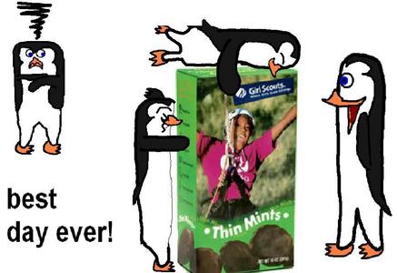 你 get alll 4 penguins huging a box of girl scoutt 饼干 (note:i made this when i was kinda bad at