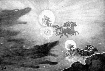 The goddess of the sun is Sol, and god of the moon is Mani. They are driving two chariots that is the