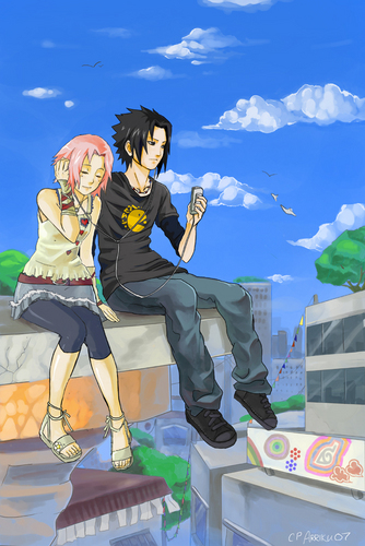  Sakura & Sasuke sharing head phones