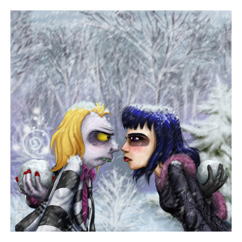  Beetlejuice and Lydia ina snowball fight...AWWW!