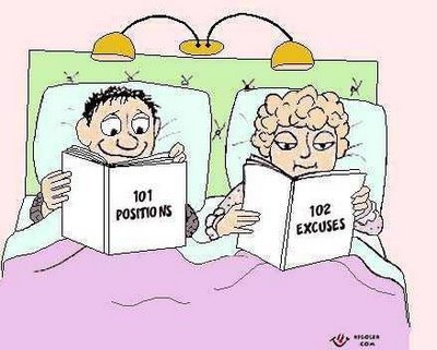 man reading 101 positions in bed woman reading 102 excuses in bed