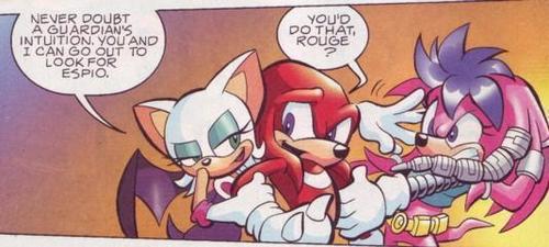 Knuckles being faught over by Rouge and Julie-Su