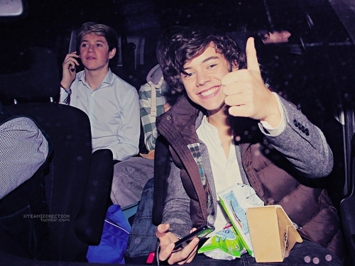  Cutie Niall On His Phone & Flirty Harry Giving The Thumbs Up :) x