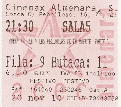 My ticket for Harry Potter and the Deathly Hallows Part 1