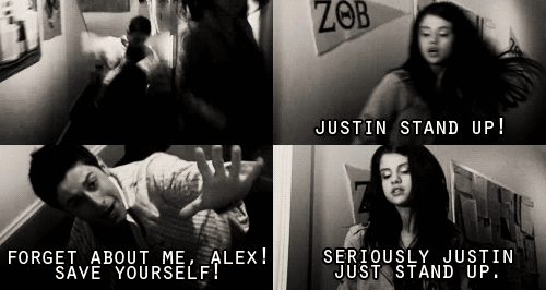  "Justin, stand up!" "Forget about me, Alex, save yourself!"