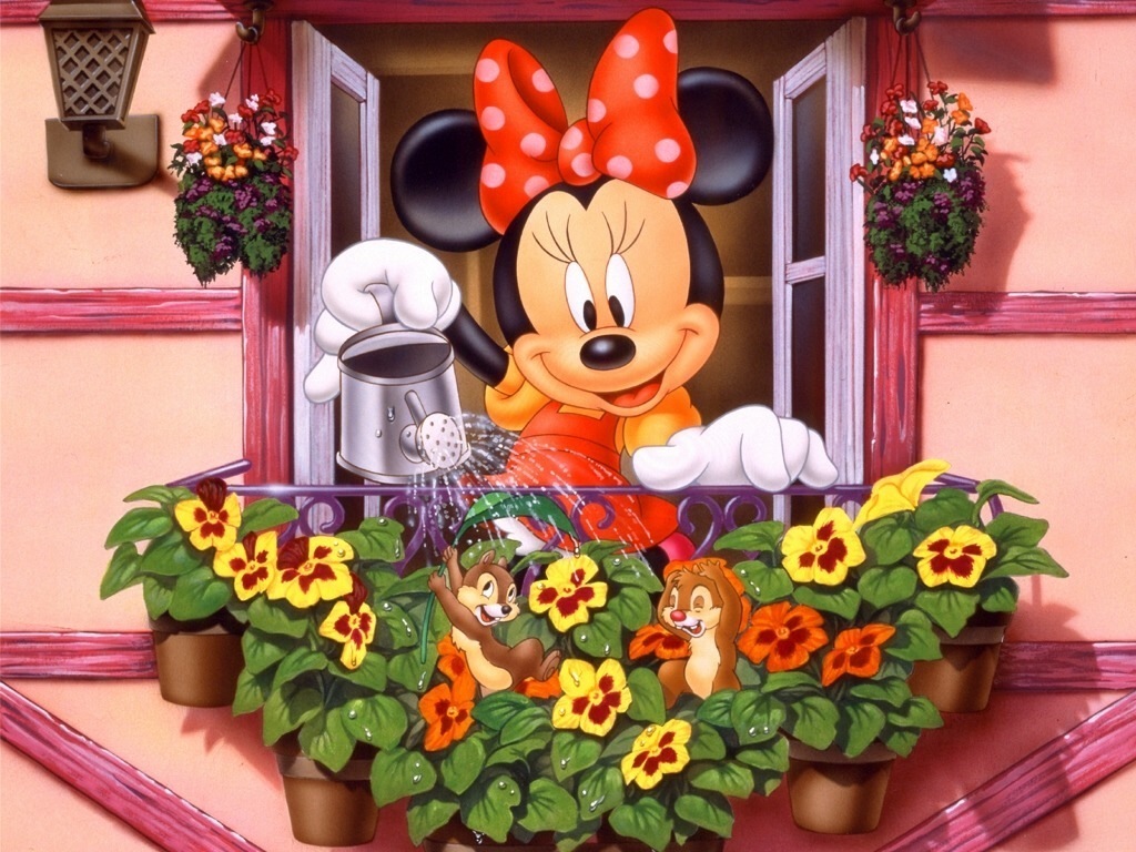 お花に水をあげるミニーマウスの壁紙
