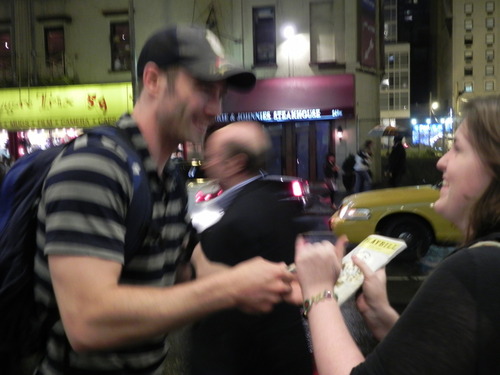 Luke with fans outside the Golden Theatre, 
