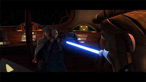 Satine hostage and Obi-wan trying to save her