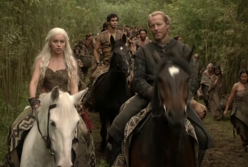 Daenerys Targaryen and Jorah Mormont and Rakharo