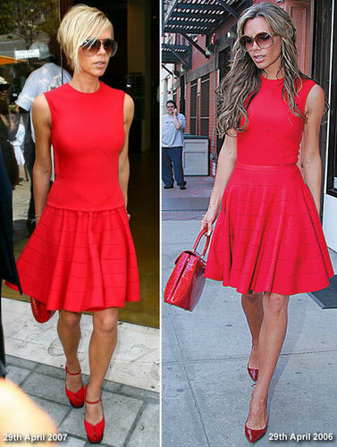 Fashion faux pas: Victoria is pictured in the same dress, exactly a year to the day later