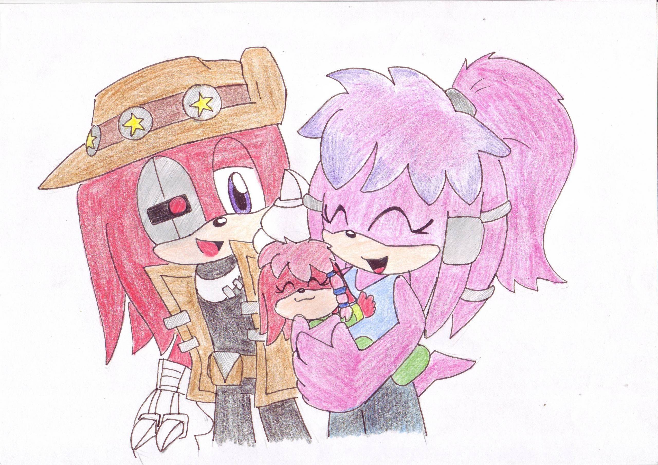 Knuckles and Julie-Su holding Lara-Su.