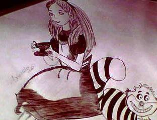 Alice and Cheshire having tea