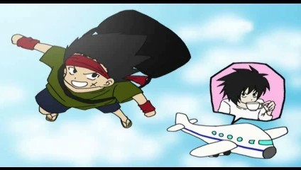  Bardock flying while L（デスノート） is flying on a plane.