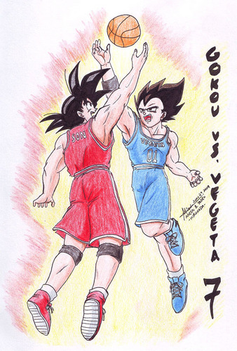 Goku and Vegeta playing basketball against each other