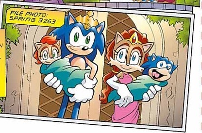  King Sonic and Queen Sally holding Princess Sonia and Prince Manik