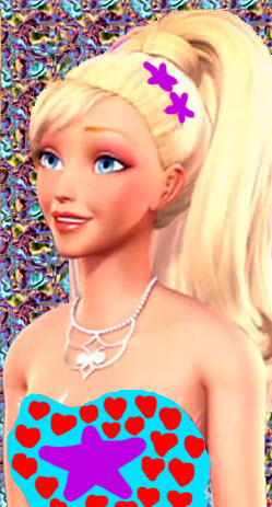 Barbie in her blue gown with red hearts and purple stars