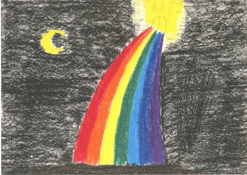 Oil pastel drawing: Rainbow and castle
