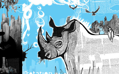  Rhino drawing made of Newspaper