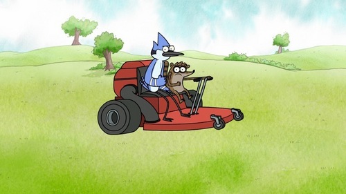 Mordecai and Rigby on the Lawnmower