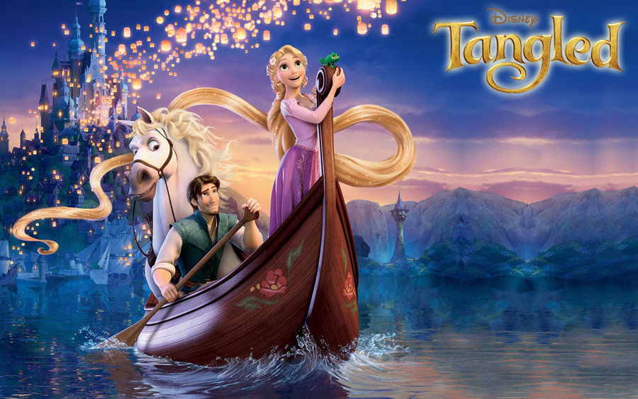 Rapunzel, Flynn, Pascal and Maximus in boat