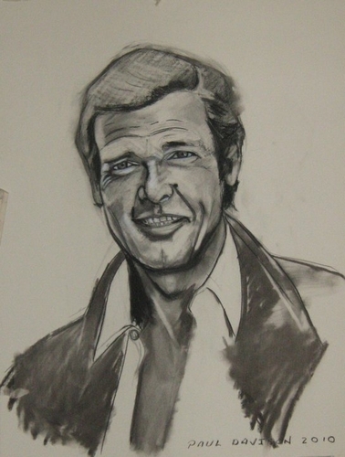 Sir Roger Moore,charcoal on paper by Paul Davison