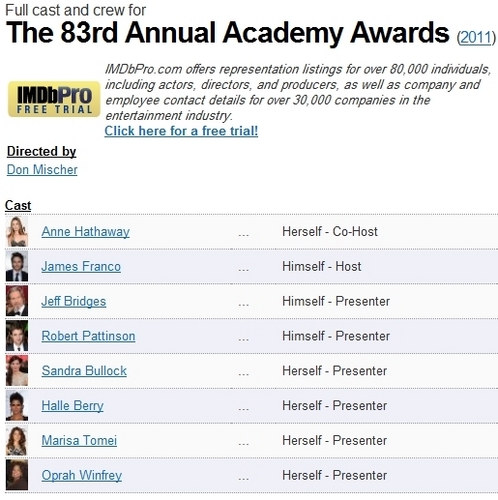  IMDb has Rob listed as a "presenter" for this year's Oscars
