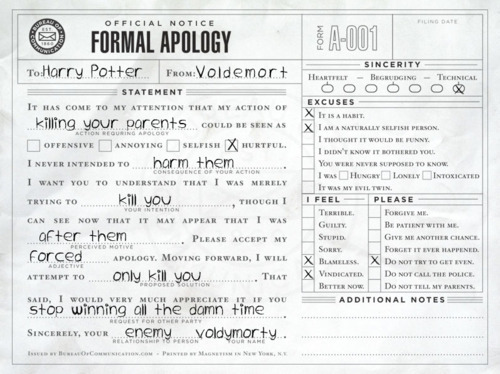  A formal apology to Harry Potter from Lord Voldemort *funny*