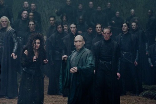 Bellatrix and Voldemort with Death Eaters