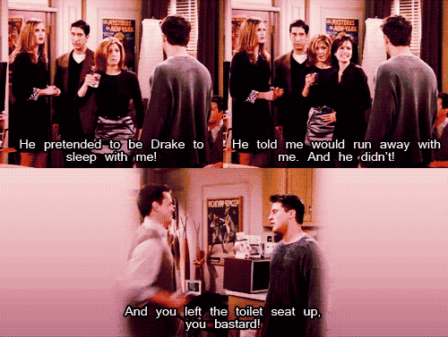  When Rachel, Monica and Chandler throw a glass of water at Joey's face :P