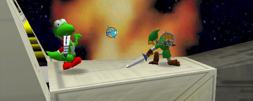 Yoshi fighting Link