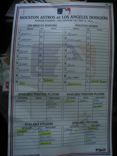  Game Used Line-up Card