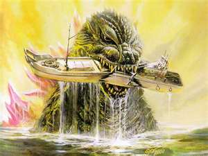  Godzilla eating a army ship.