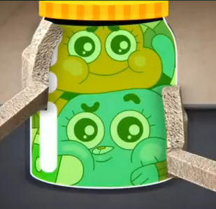  Gumball and Darwin in cornichon, pickle jar