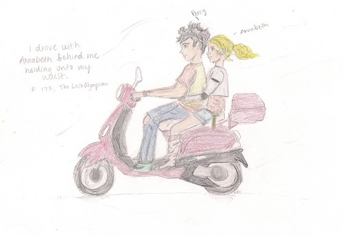 Percy and Annabeth on red Vespa