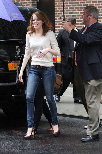 Actress Emma Stone is spotted outside the studios of the "David Letterman" show in New York
